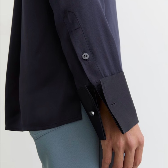 REISS- Silk-Satin Concealed-Placket Shirt in Navy - Picture 3 of 9